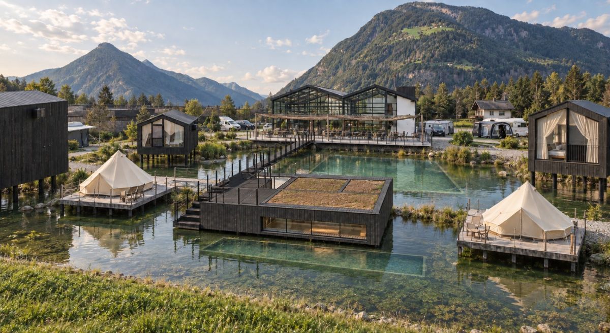 Saunahuis midden in het natuurmeer, omringd door chalets en tenten