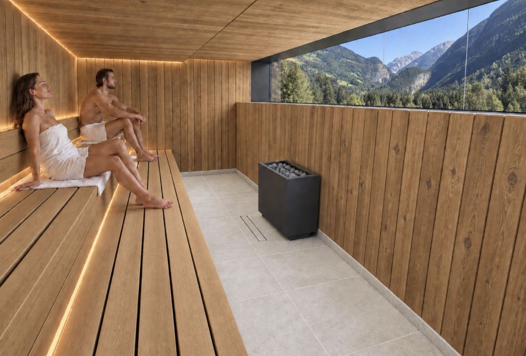 Panoramasauna met houten banken en uitzicht op de bergen